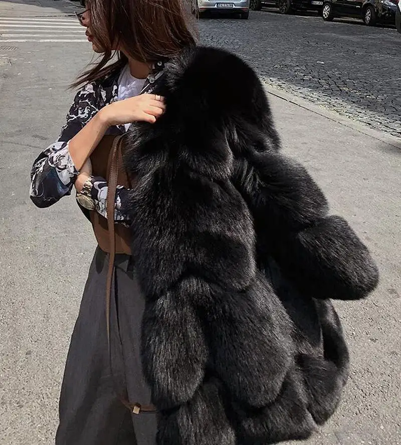 

Elegant Women Ladies Natural Fox Fur Coat Black Mid Long Casual Winter Outdoor Fur Overcoat Soft 100% Real Fox Fur Coat Outwear