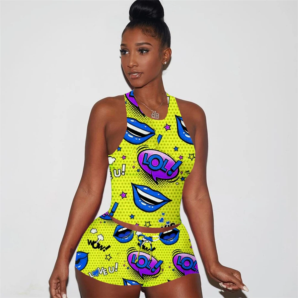 

Zh8509 popular eBay Europe and the United States summer tight leisure sports women's cartoon print vest two sets of stock direct