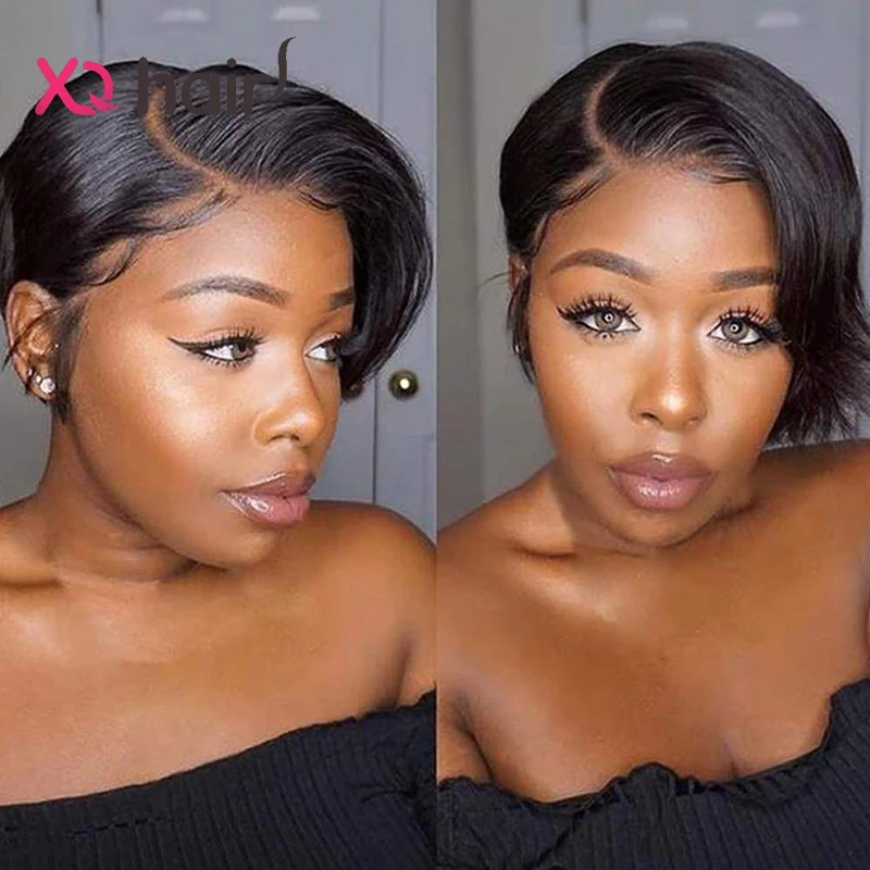 Короткая парикмахерская парик-каре XQ из малайзийских прямых человеческих волос с кружевным передним краем 13X6x1 HD прозрачные реми предварительно разрывает.