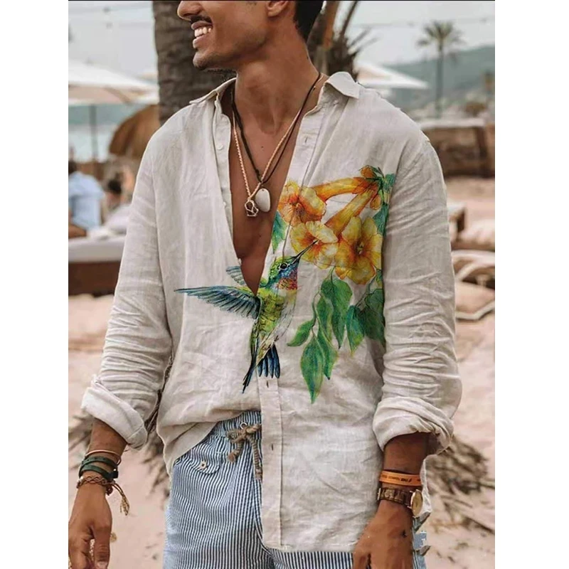 

Новая хлопковая Льняная мужская рубашка с длинными рукавами и принтом, гавайская пляжная Повседневная однобортная рубашка с лацканами, вес...