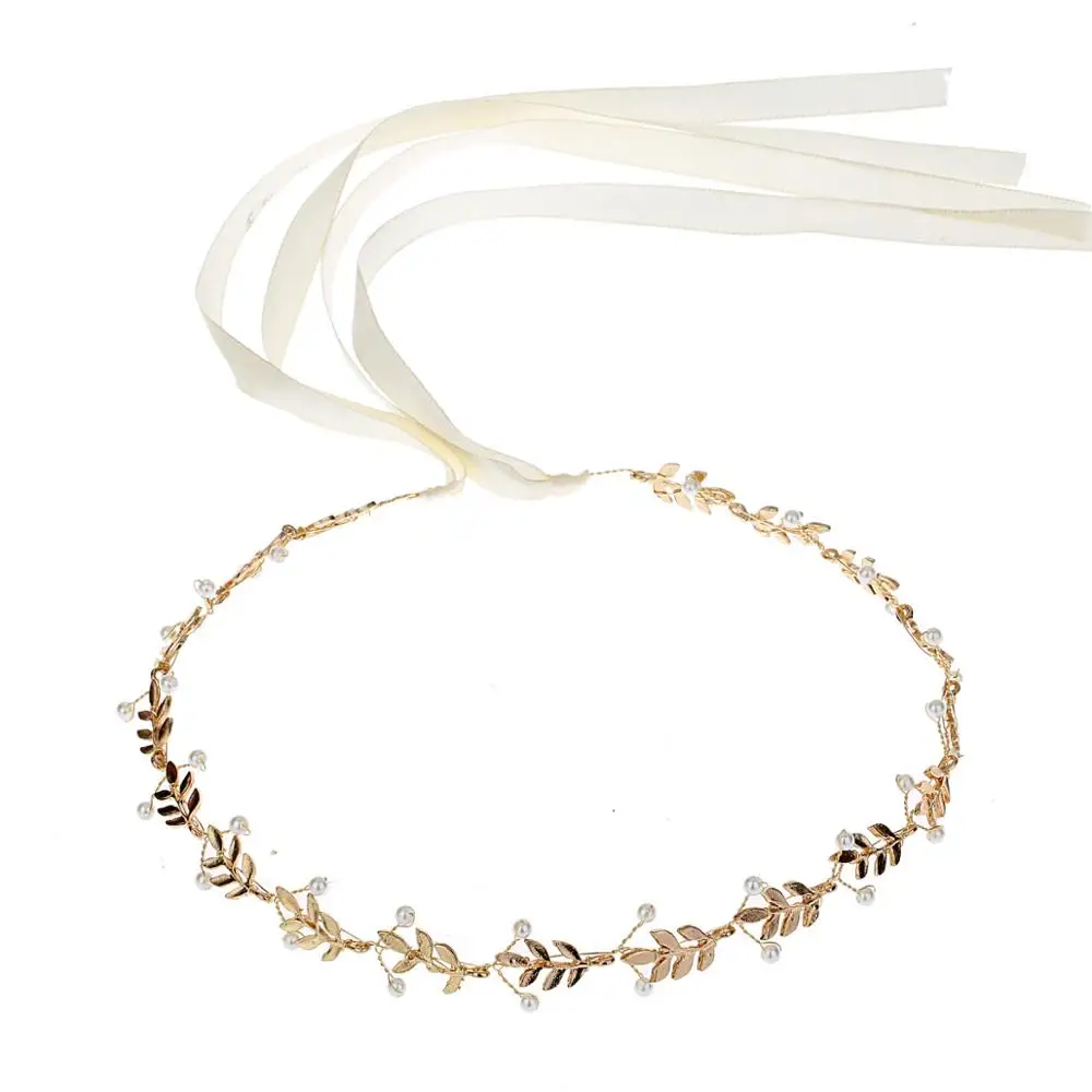 Повязка на голову женская с золотыми листьями и искусственным жемчугом |