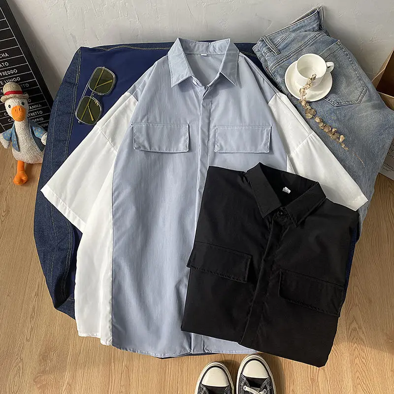 Summer Cotton Shirt Men's Fashion Contrast Color Business Casual Dress Shirt Men Streetwear Wild Loose Short Sleeve Shirt M-2XL