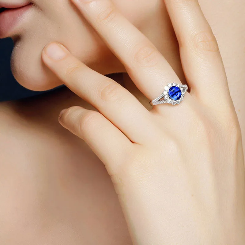 

BLACK ANGEL 925 Silver Luxury Oval Sapphire Flowers Girls Blue Gemstone CZ Adjustable Ring For Women Fine Jewelry Wedding Gift