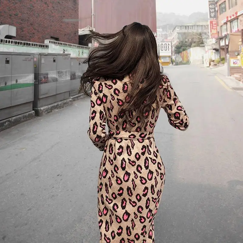 Vintage Leopard Print Long Maxi Dress Autumn V-neck Lace Up Bodycon Dress Knitted Split Winter Women Dress Party Vestidos S-2XL