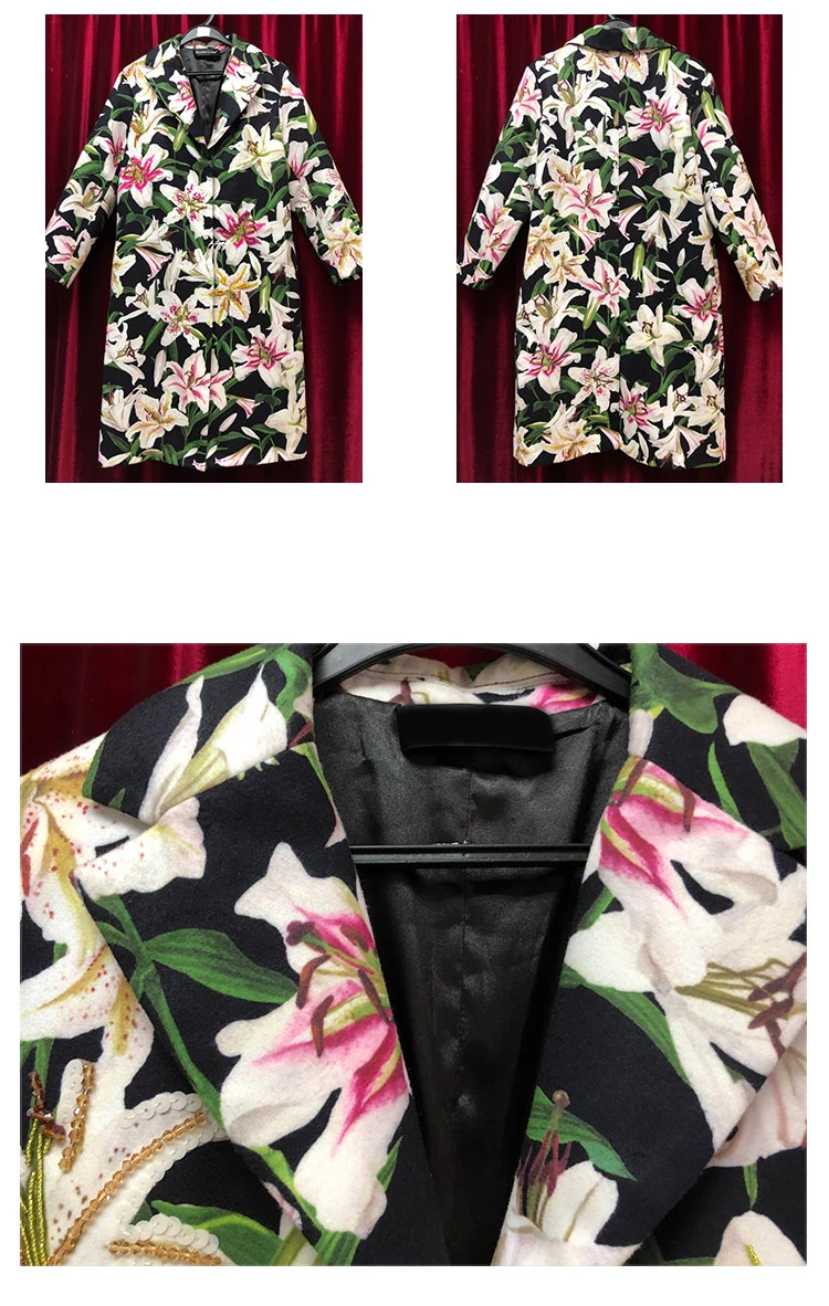 LD LINDA DELLA Autumn Winter Outwear Women's Coats Long Sleeve Floral Printed Button Beading Elegant Vintage Ladies Overcoat