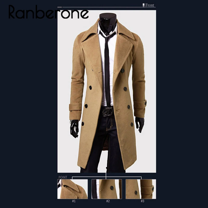 Ranberone новинка модное мужское пальто шерстяное зимнее теплое одноцветное длинный