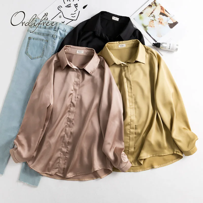 

Ordifree 2021 Autumn Women Satin Shirt Blouse Long Sleeve Casual Loose Silk Blouse Vintage Tops