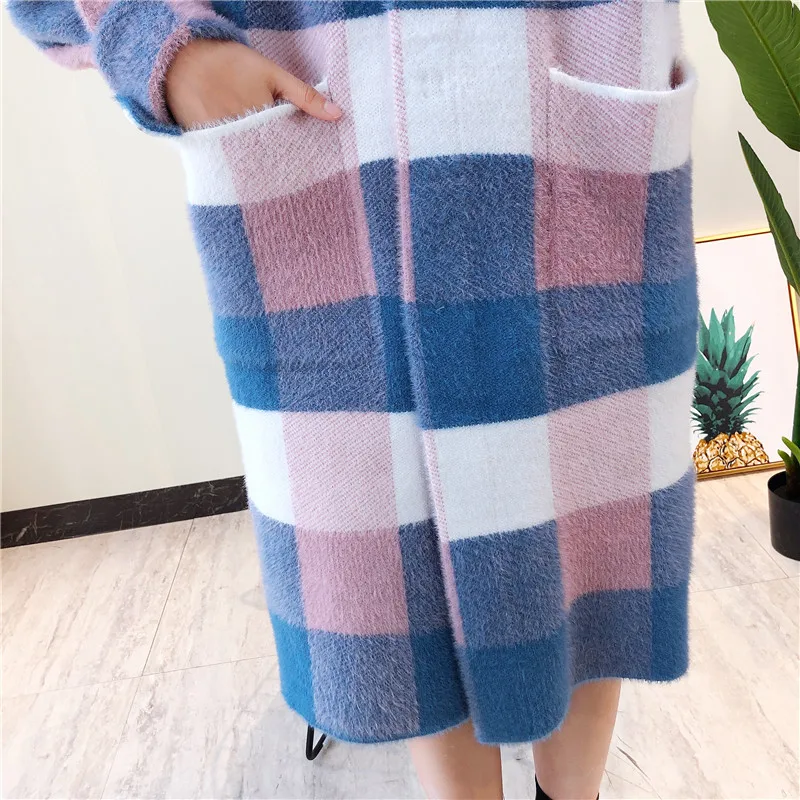 Осенне-зимние новые кашемировые пальто в клетку из норки вязаный свитер с