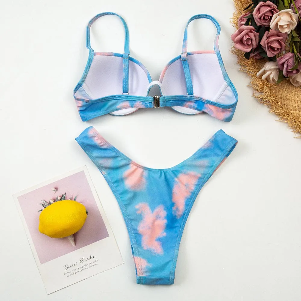 

New 2021 Vintage Tie-dye Swimsuit Underwire Push up Bikini High cut Swimwear Women Ribbed backless bathing suit Sexy Beach wear