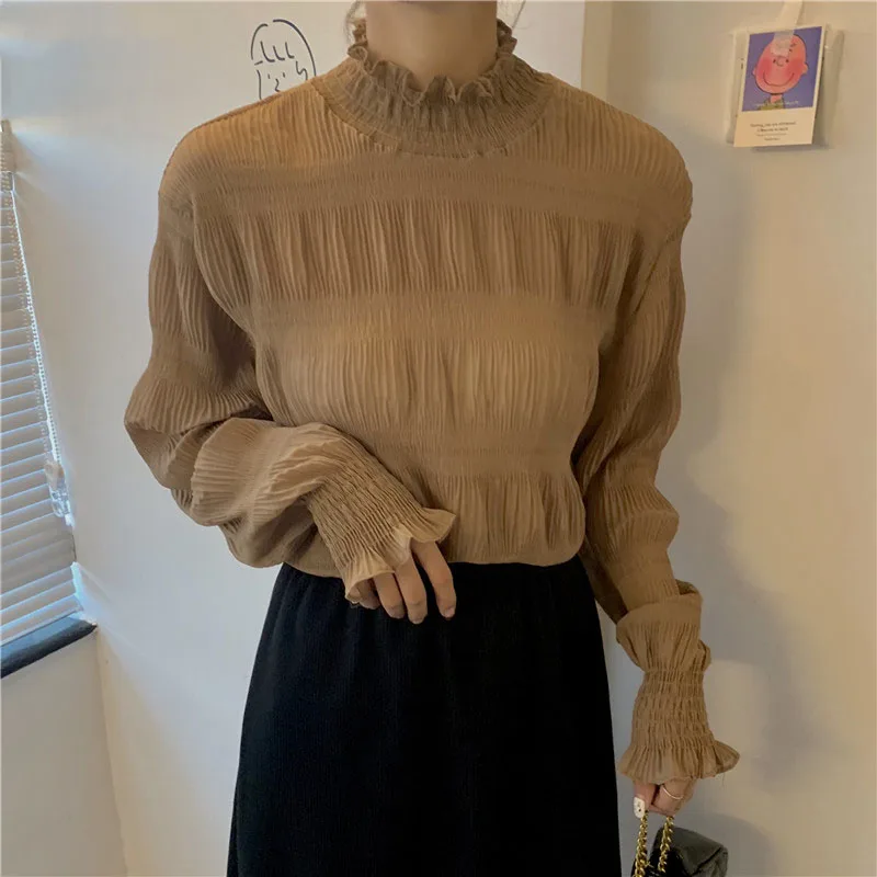 

Ruffled Collar Chiffon Blouse Women Long Sleeve Pleated Shirt Korean Elegant Pullover Tops 2020 New Autumn Blusas 56765
