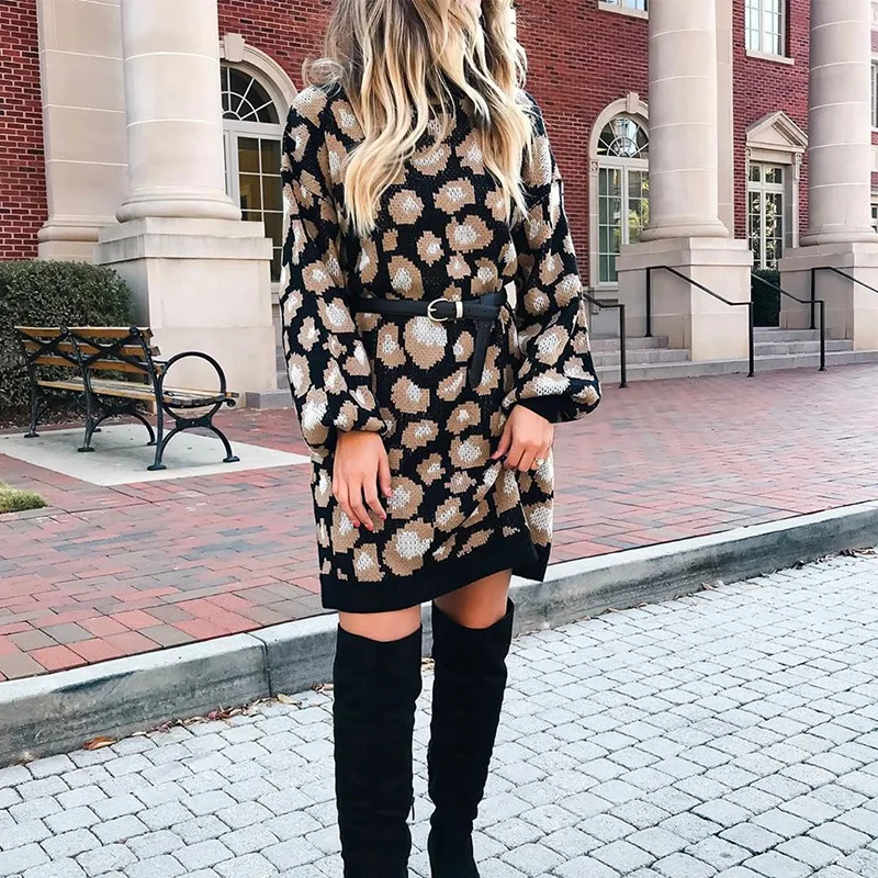 Женское трикотажное мини платье QUEVOON Повседневное свитер с леопардовым принтом