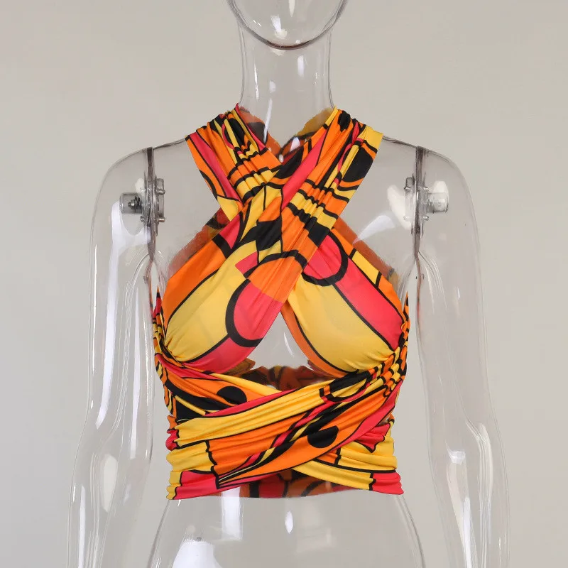 

Sexy Halter Backless Crop Tops Women Tshirt Tee Fashion Print Outfits Sleeveless Skinny Regular Hollow Out Female Cropped Shirts