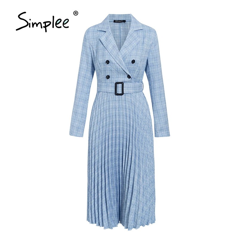 Simplee Vintage pleated belt plaid dress women Elegant office ladies blazer dresses Long sleeve female autumn midi party | Женская