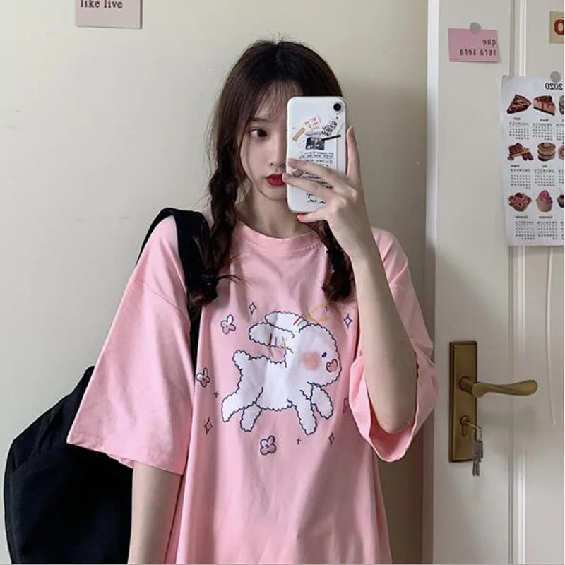 

Sweet Lovely Style T shirt Women Cute Rabbit Print Short Sleeve O Neck Woman T-shirt Campus Style Tshirt Women