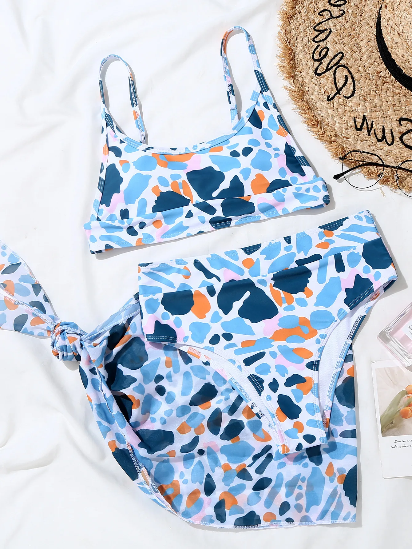 

Women Bikini Beach Wear Wraps Wrapped Chest Middle Waist Pool Party Thong Dye Printed 3 Pieces Swimsuit