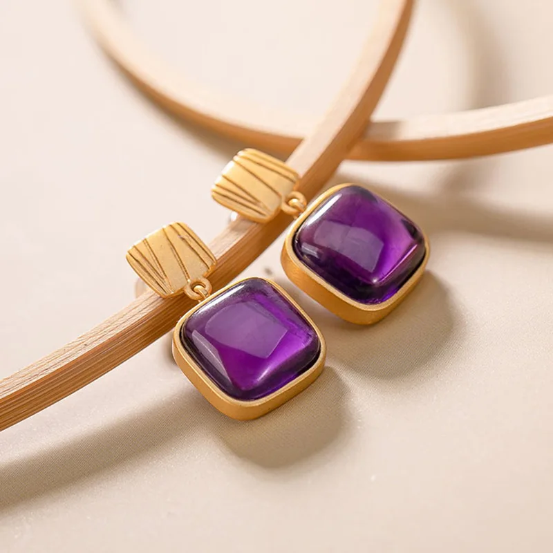Серьги из серебра 925 пробы с квадратным аметистом геометрические серьги