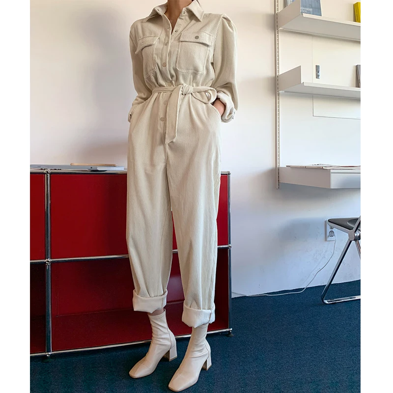 

Spring 2021 Corduroy Jumpsuits Romper Women High Fashion Button Female Casual Overalls