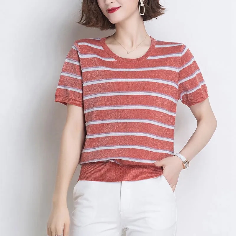 

Stripe T-shirt women's 2020 summer new Korean version ins fashion loose short sleeve knitted top fashion westernized small shirt