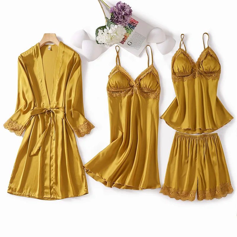 

Пижамный костюм сатин с брюками, Женская пикантная пижама из 4 предметов, домашняя одежда для лета, одежда для сна с кружевной отделкой, кимо...