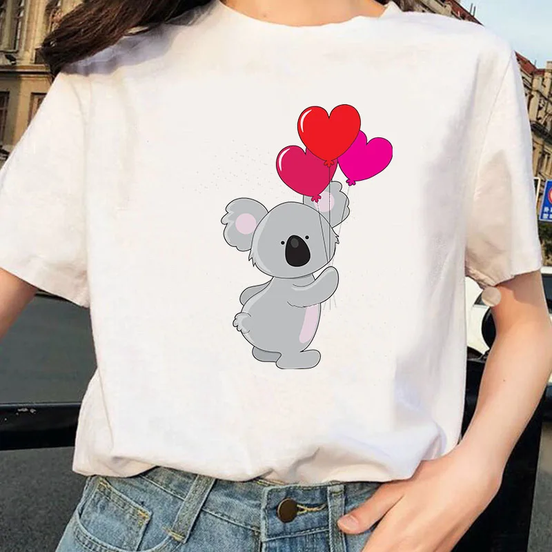 

WK Kawaii Cute Whale Fox Koala Balloon Print Women T Shirt Summer Funny O-neck Short Sleeve T-shirt Harajuku Casual Top Tshirt