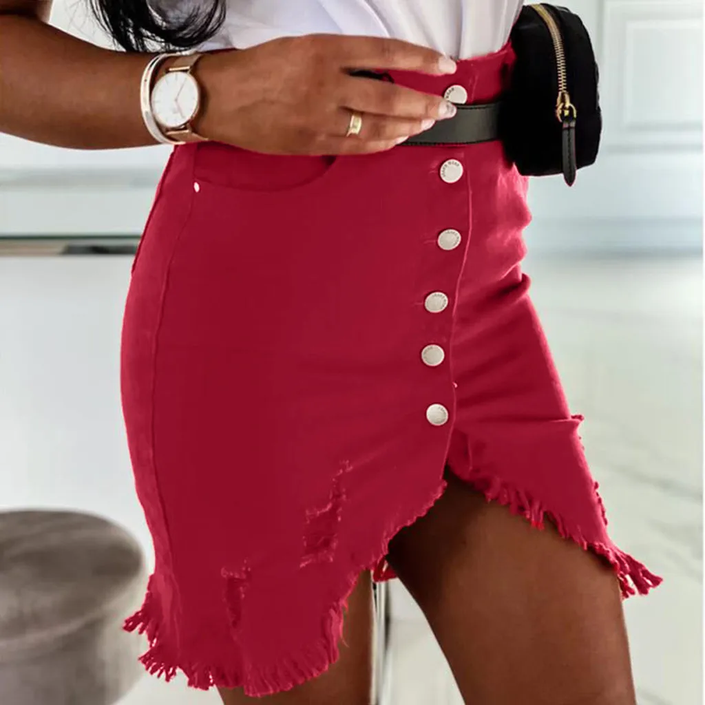 Fashion Women's Solid Colors Denim Skirt Summer Ladies High Waist Button Design Split Front Open Party Asymmetr Mini Skirts#g3 | Женская