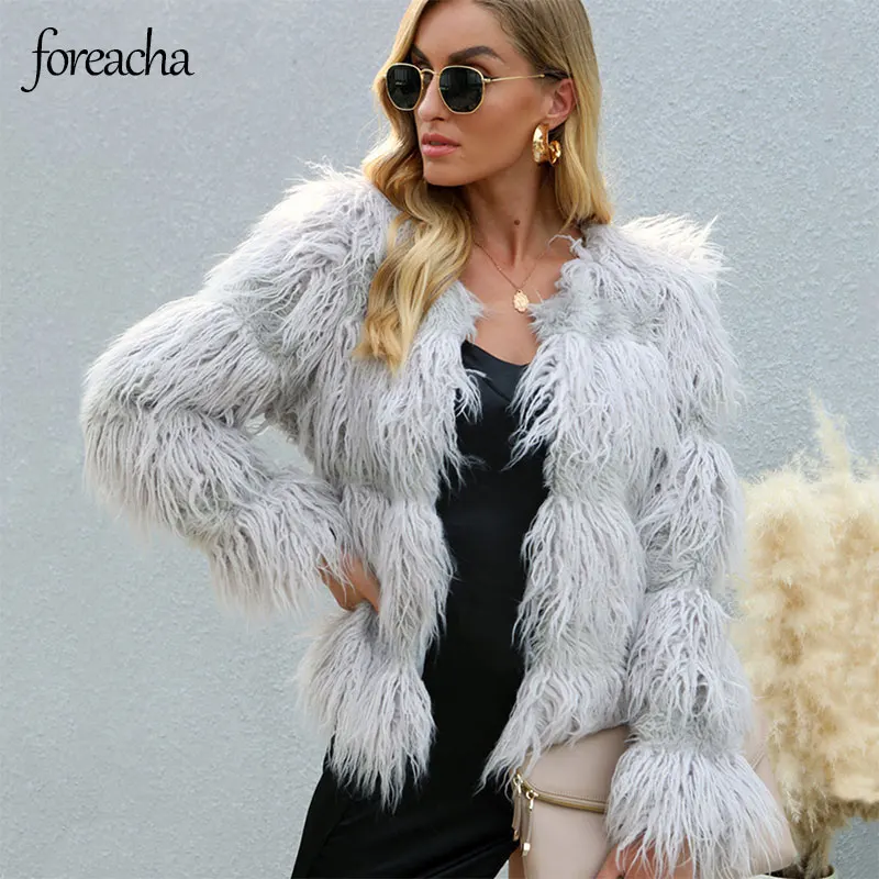 

foreach S-3XL Winter Warm Fur Coats Jackets Women Casual Long-haired Fur Cropped Jacket Round collar Open Front Overcoat