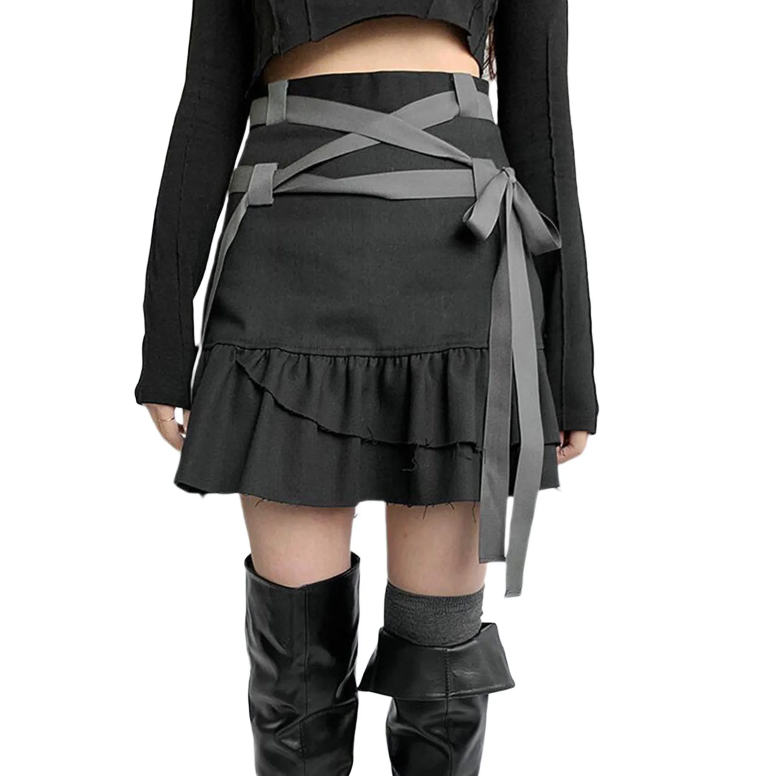 

Women Skirt with Ruffled Trim, Adjustable Bow Tie High Waist Design Summer Clothing