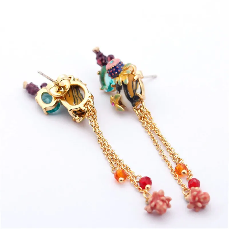 

European and American New Style Flower Tassel Long Earrings Earrings Sen Series Handmade Enamel Glaze Ear Clip Earrings Women