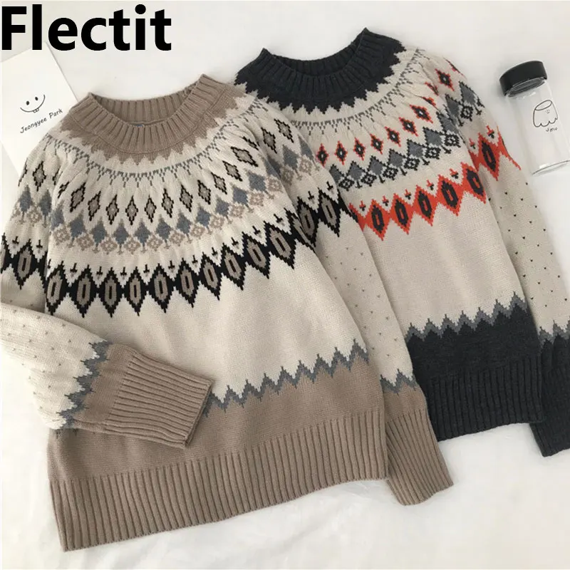 Flectit Fair Isle Sweater For Women Long Sleeve Crew Neck Cozy Knit Pullovers Jumper Fall Winter Vintage Tops *