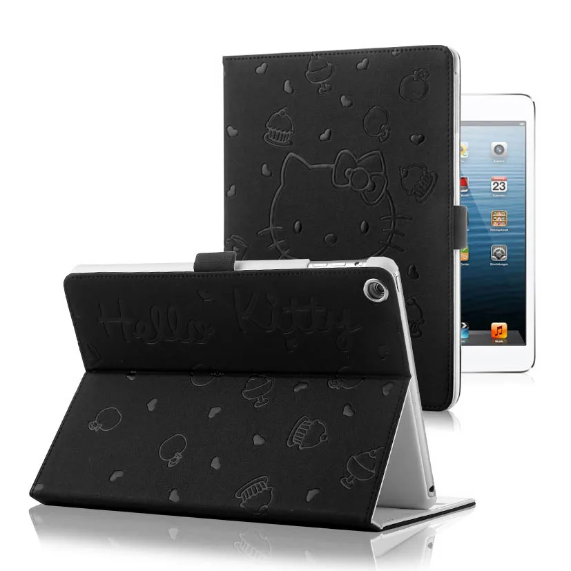 Черный Мягкий чехол hello kitty из искусственной кожи для iPad 9,7 A1822 A1893 трансформер смарт-чехол Funda планшет складной чехол - Цвет: Черный