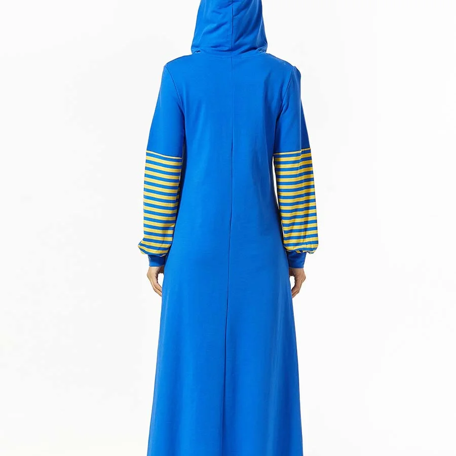 

Women's 2021 Fashionable Hoodie Striped Pocket Muslim Casual Chic Elegant Full-length Dress Turkish Clothing Muslim Fashion