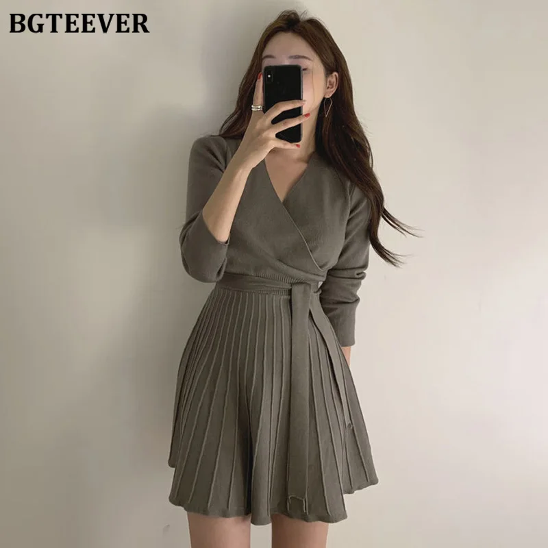 BGTEEVER стильное вязаное платье на шнуровке с v-образным вырезом женское офисное