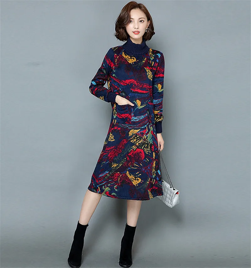 Хлопковое осеннее винтажное Цветочное платье 2020 Женская плотная водолазка