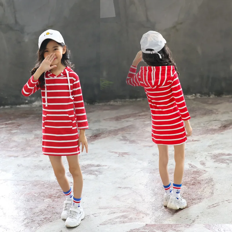 Dress for Girls Teen Strip Hoodie Cotton Korean Fall Autumn Winter Princess Long Costume 2 3 4 5 6 7 8 9 10 11 12 Year | Детская одежда