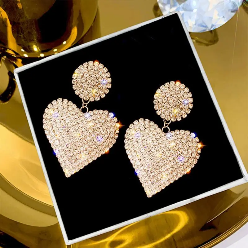 

Fashion Heart Earrings Women's Luxurious Geometric Full Rhinestone Earrings Kore
