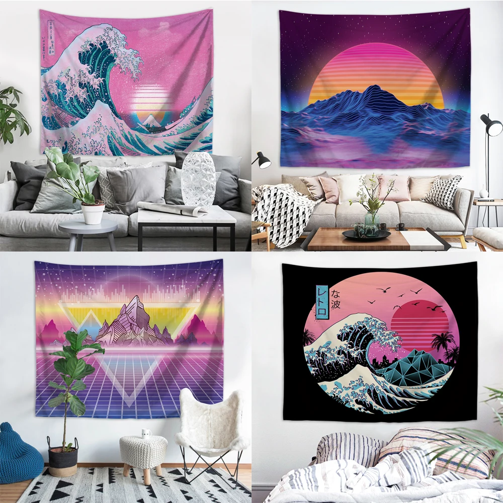 

FYMX Seascape Tapestry The Huge Waves Under The Pink Sunset And Cars Tapestries For Decorate The Walls
