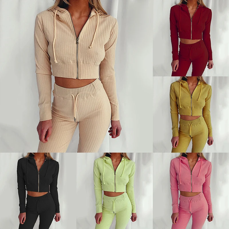 

2021 Autumn Winter Women 2 Two Piece Set Long Sleeve Crop Tops Tshirt Leggings Pants Set Bodycon Hooded Sport Fitness Tracksuit