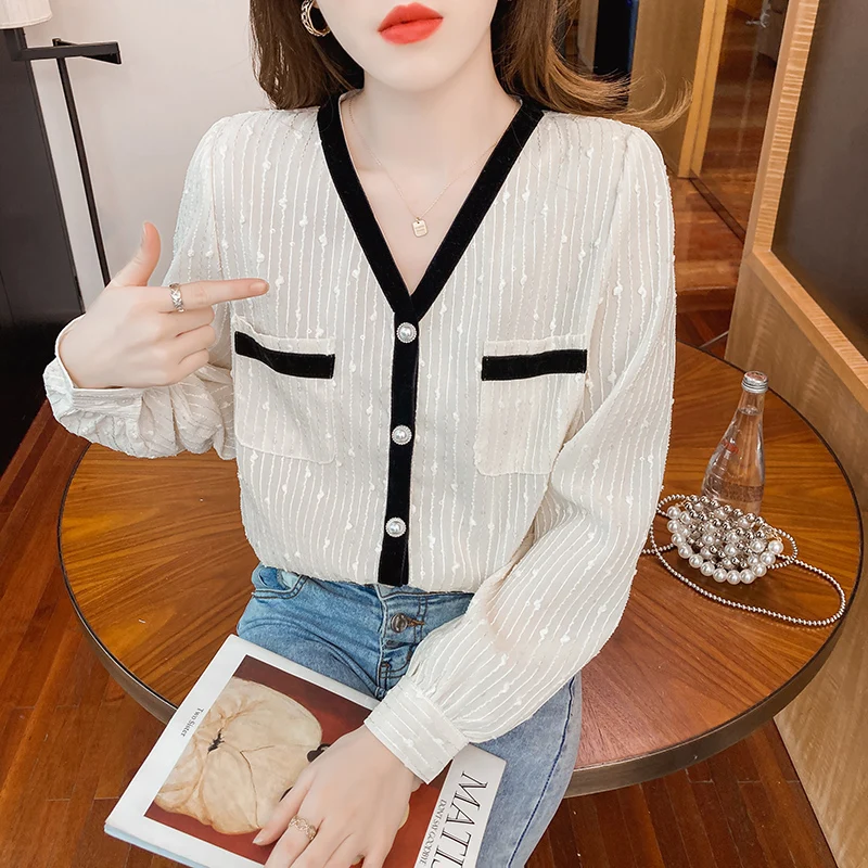 ITOOLIN Fashion Stripe Blouse Women V-Neck Jacquard long sleeve tops shirt Streetwear Elegant office ladies blouse 2022 | Женская одежда