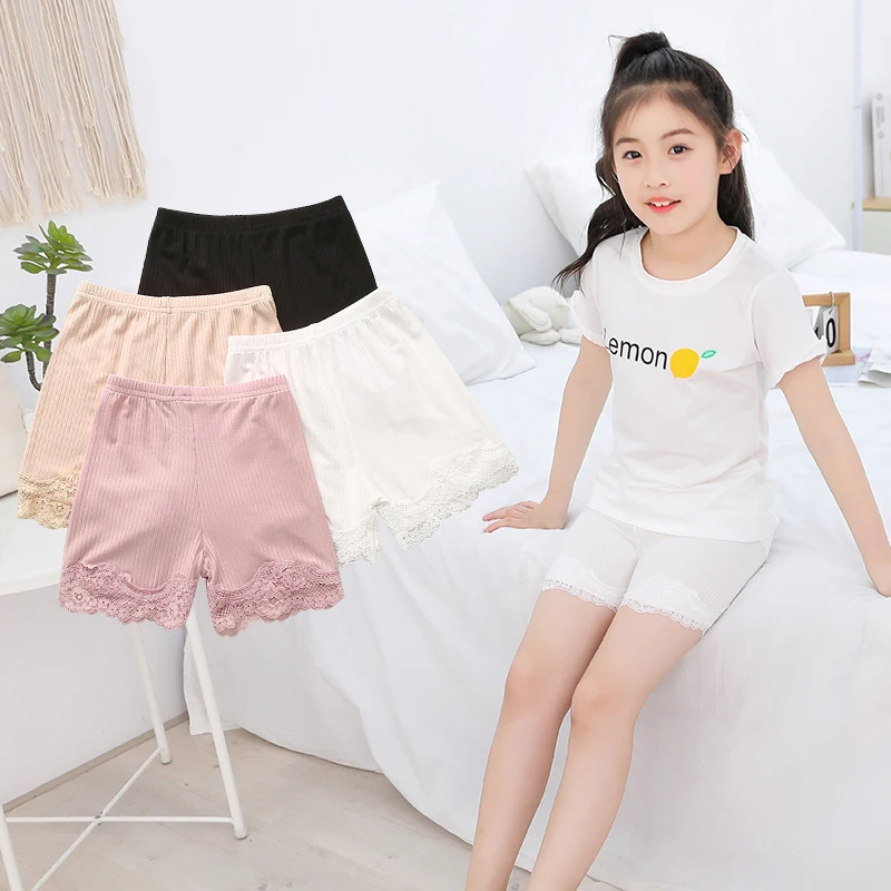 Летние детские леггинсы для девочек удобные короткие штаны однотонные кружевные