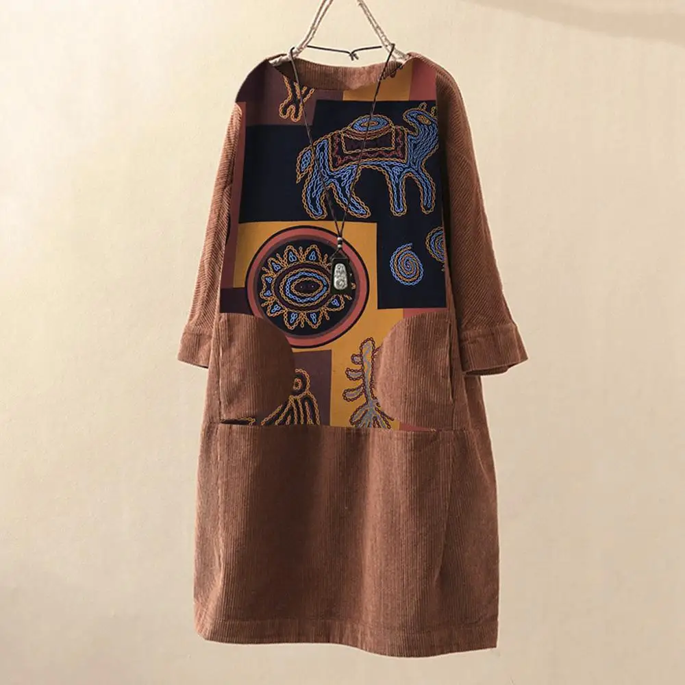 Женские винтажные вельветовые платья с этническим принтом лоскутное платье