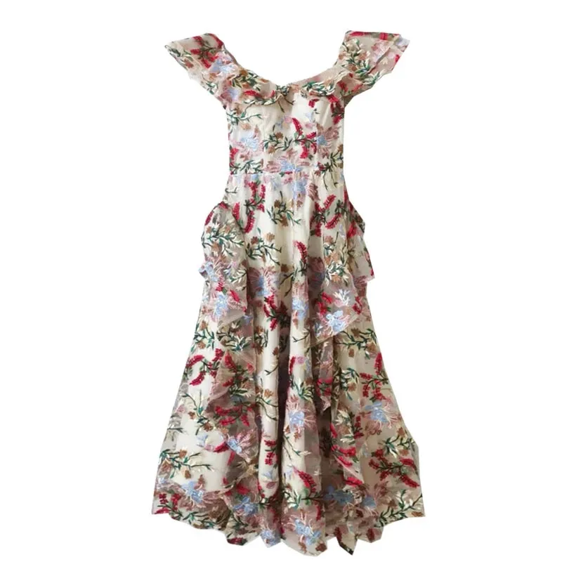 

Женское винтажное платье с цветочной вышивкой, коротким рукавом-бабочкой и оборками