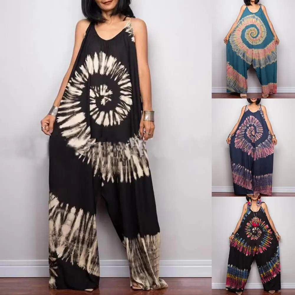 

Women Jumpsuit Tie Dye Print Wide Leg Summer Sleeveless Shoulder Strap Jumpsuit for Daily Wear