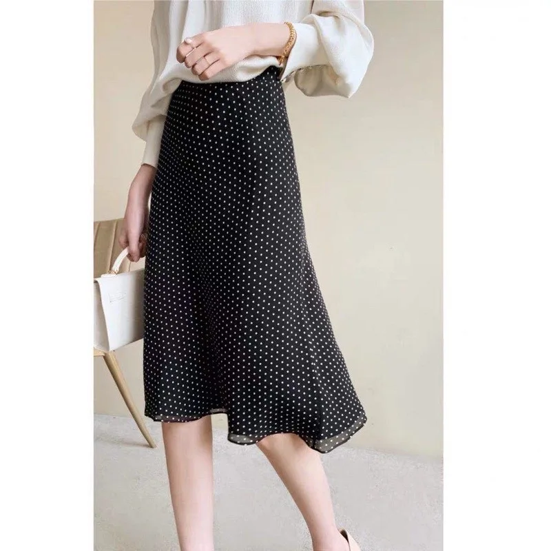 

Skirt 2021 Women Spring and Summer New Skirt Fashionable Vintage High Waist Wavelet Dot Silk Skirt