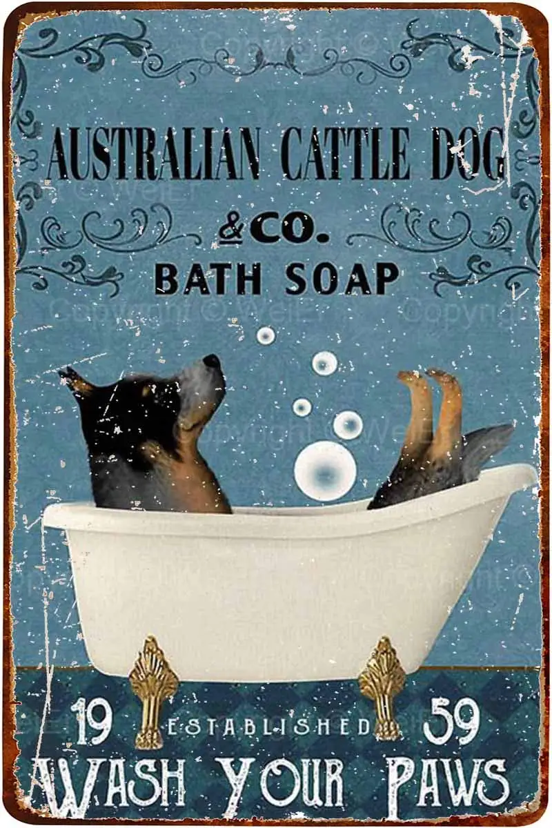 

Australian Cattle Dog Bath Soap Metal Poster Art Tin Sign Vintage Iron Painting Creative Wall Decoration for Office Bathroom