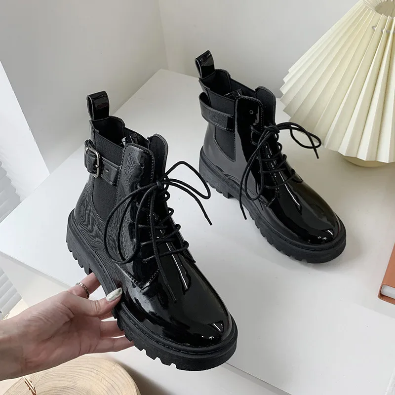 

2021 New Punk Women Boots Platform Shoes Ankle Martin Boots Black Patent Leather Shoes Woman Winter Autumn Boots Ladies