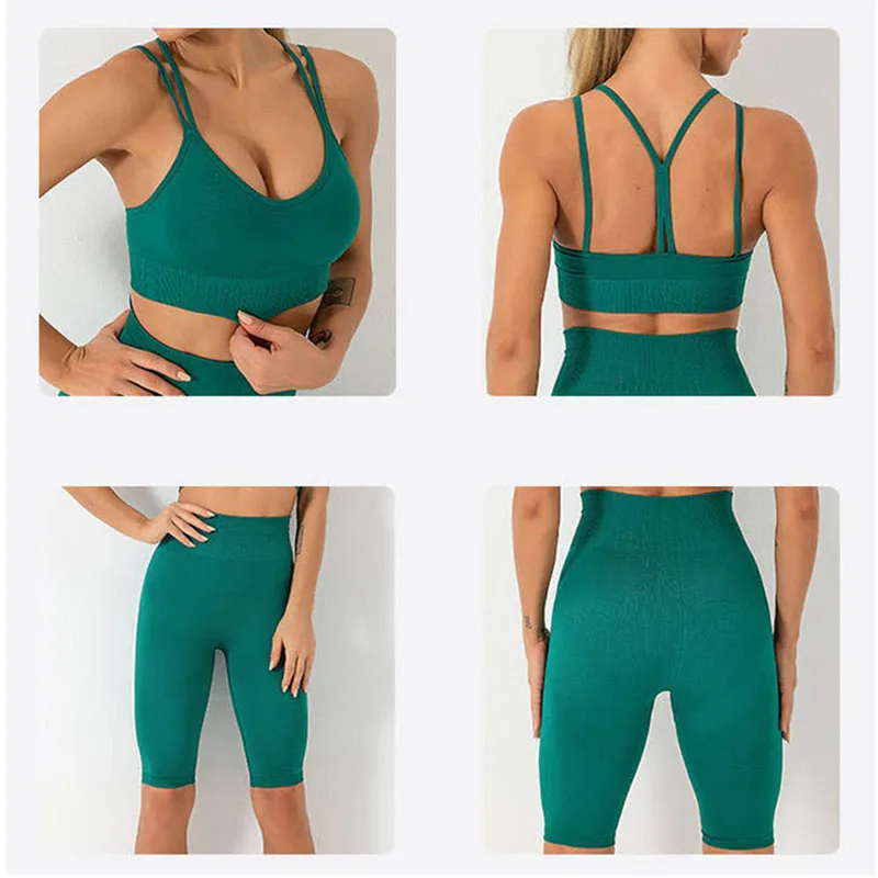 

2pcs Seamless Yoga Set Fitness Women's Sportswear Gym Clothing Strappy Sports Bra+High Waist Fitness Shorts Sports Suits
