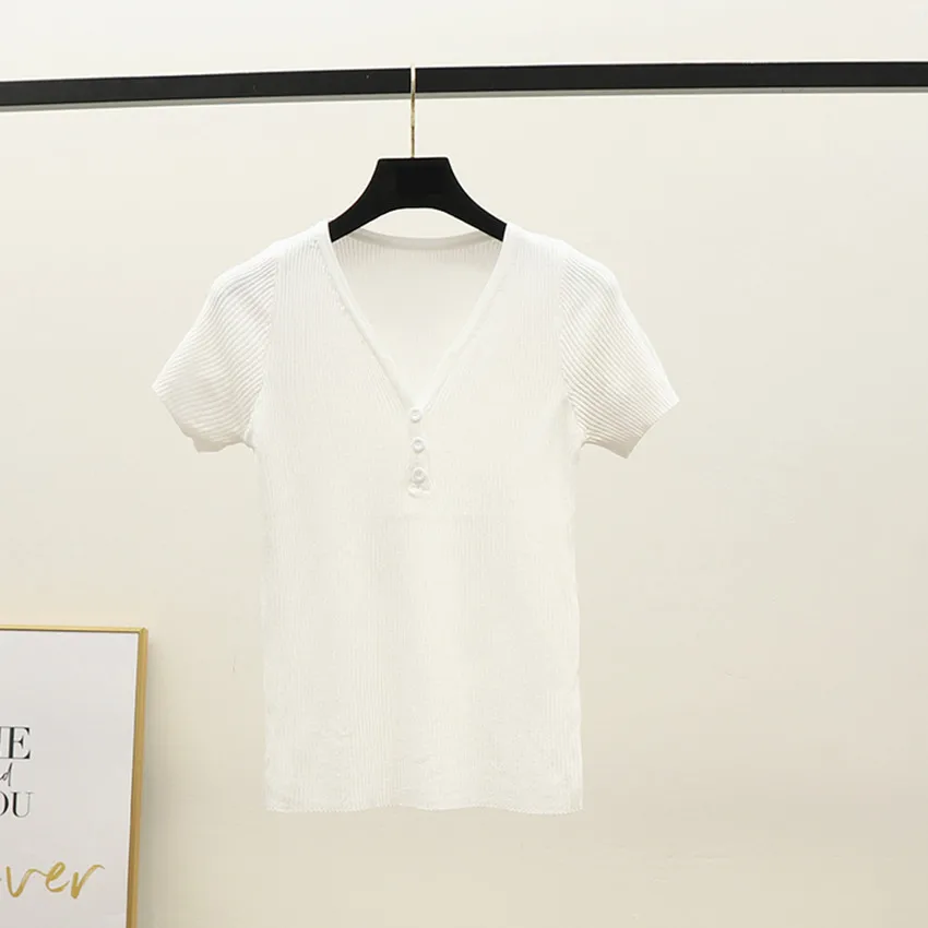 

2020 Summer Thin Knit Top Black White Basic T Shirt Women Short Sleeve Solid Tshirt Korean Style Casual T-shirt Camisetas Mujer