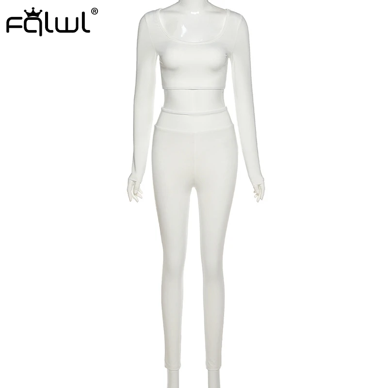 

FQLWL Streetwear 2 Two Piece Set Women Summer Outfits Black White Long Sleeve Crop Top Leggings Women Matching Sets Tracksuits