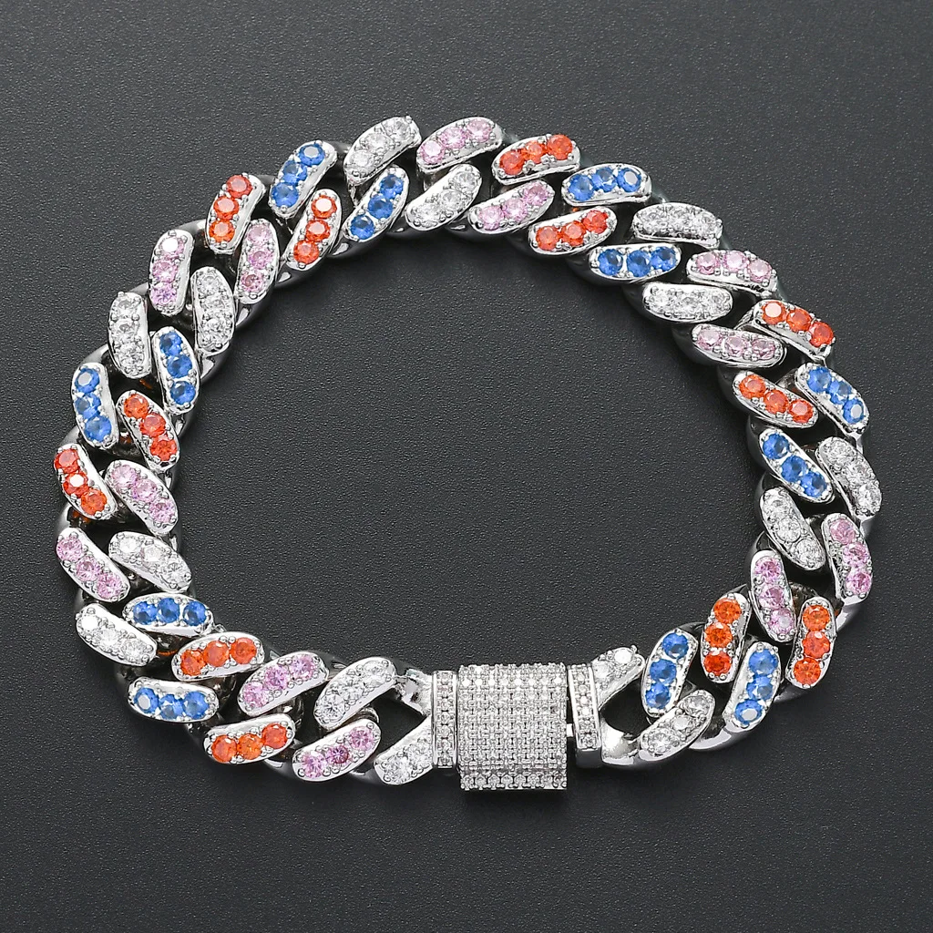 

12mm Micro Inlaid 4-color Zircon Cuba Chain Men's Hip Hop Fashion Bracelet Bangles for Men Rapper Jewelry Rock Copper