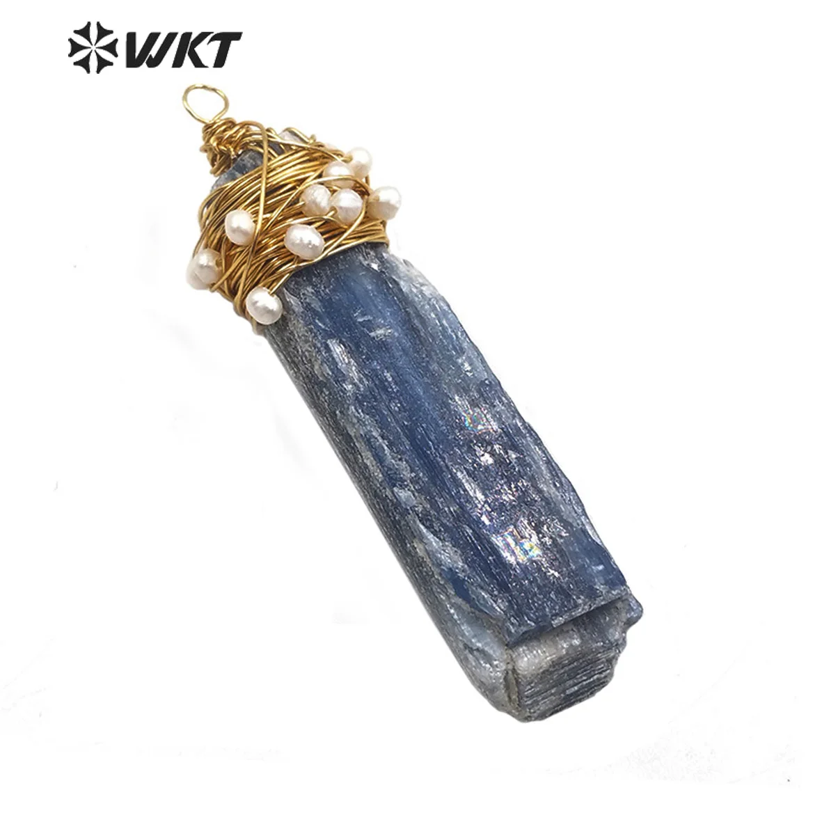 

WT-P1531 WKT Vintage Brass Wire Warpped Natural Blue Kyanite And Pearl Pendant Stone Pendant For Female Fashion Jewelry Making